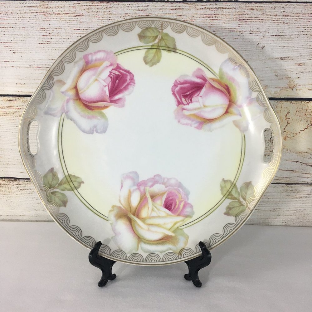 PV Vessra Germany Handpainted Gold Trimmed Rose Cake Plate Handles 10.5"